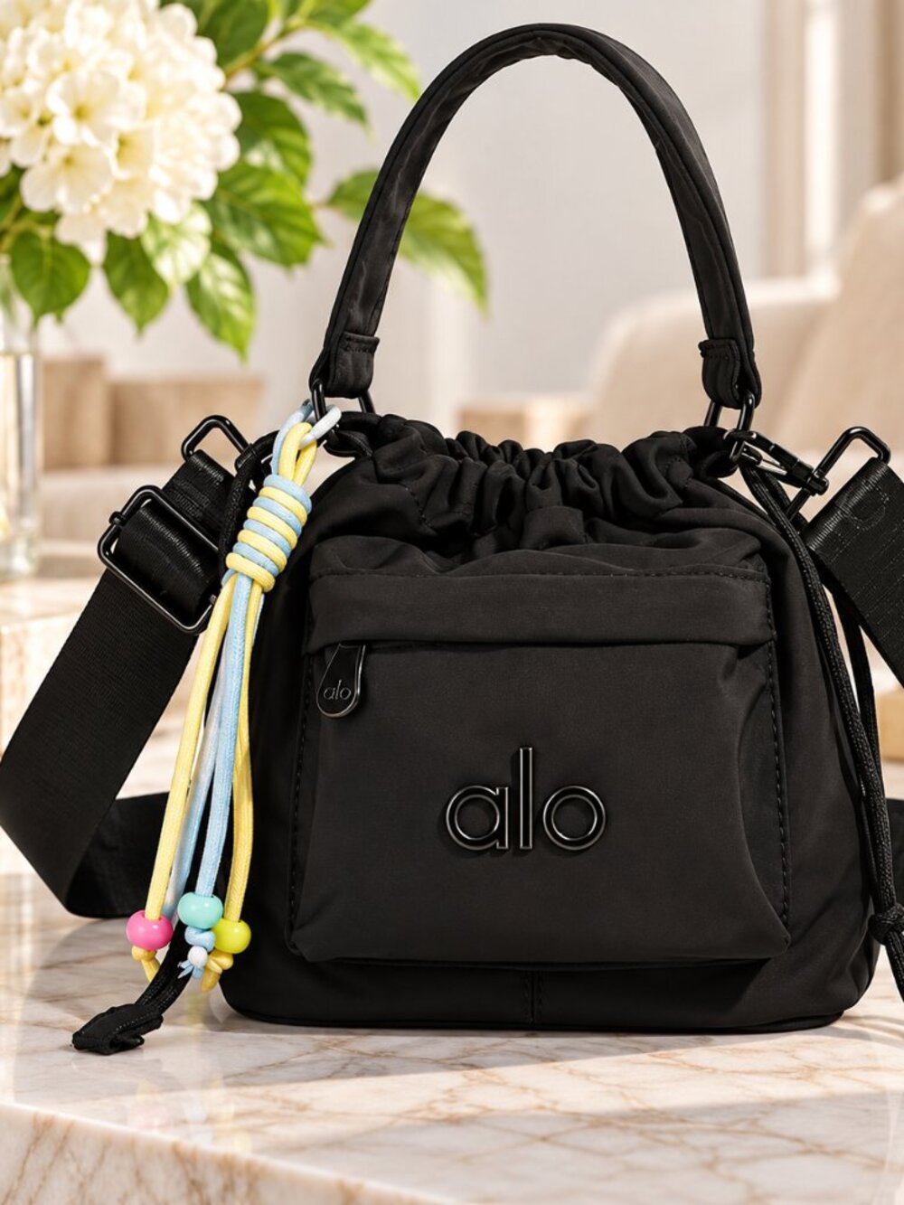 Black Nylon Drawstring Bucket Crossbody Bag Top Handle Utility Purse